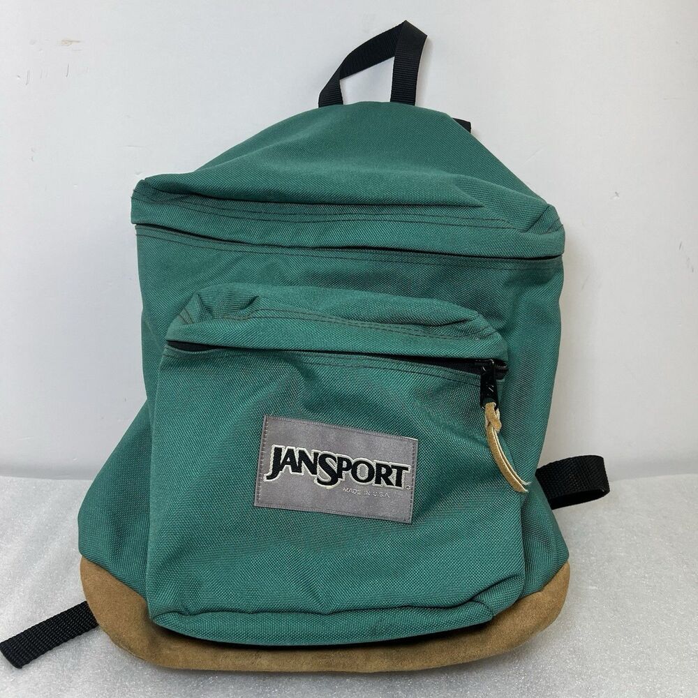 Vtg 90s Jansport Suede Leather Bottom Backpack Green School Hiking USA Made
